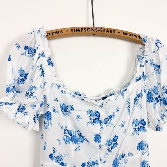 ZARA Womens Blue Floral Mini Sun Dress White Small Porcelain Short Sleeve - Picture 2 of 6